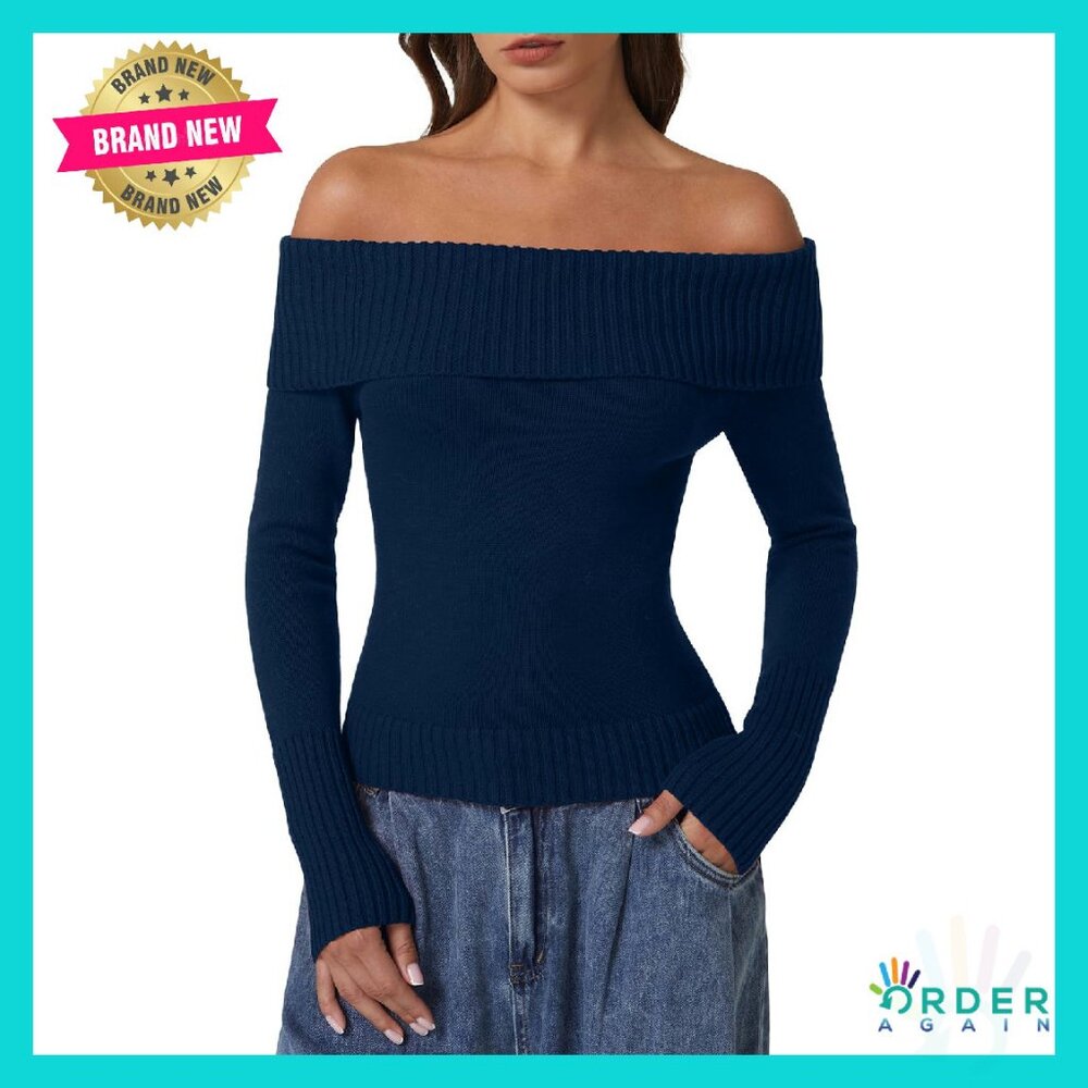 Off Shoulder Ribbed Pullover Sweater Slim Fit Chic Elegant Y2k Tops
